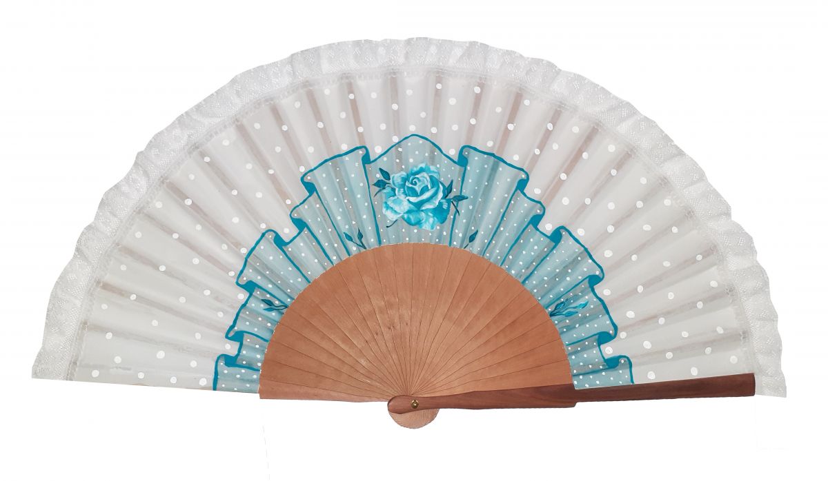 A great hand-drawn and hand-painted fan, customized with a "Blue Rose" lace