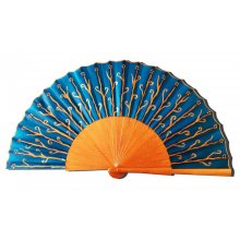 Hand-drawn and hand-painted cotton sateen fan 'Fond marin