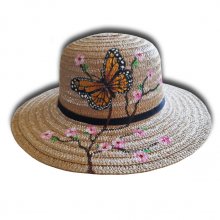 Beautiful hand painted openwork hat "Mexican Monarch and Japanese Cherry Tree