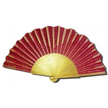 Hand drawn and painted satin fan "In red and gold".