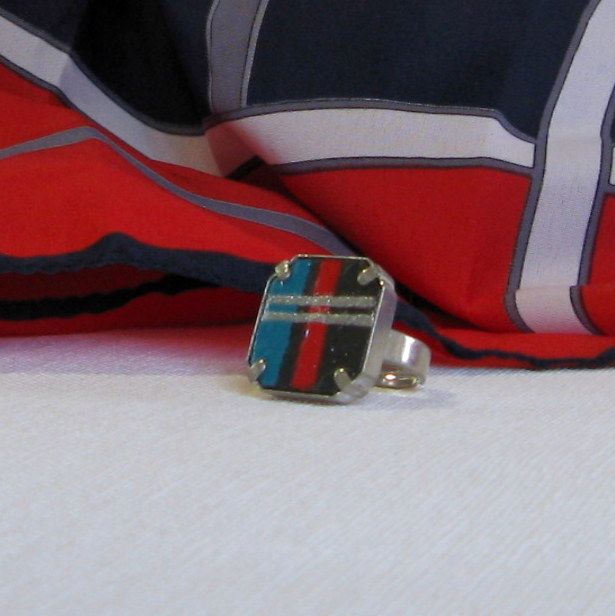 Large Red, Blue and Silver Enameled Slate Ring for Women, Handcrafted