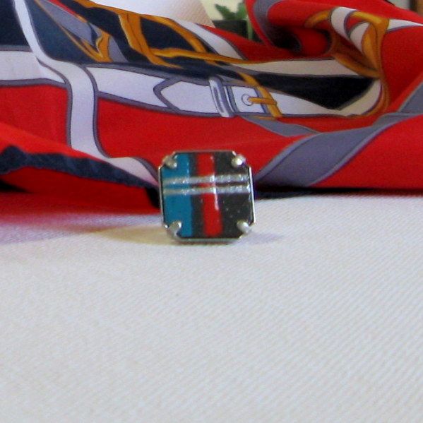 Large Red, Blue and Silver Enameled Slate Ring for Women, Handcrafted