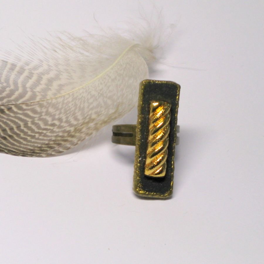 Adjustable Rectangular Ring for Women in Slate and Gold, handmade creation