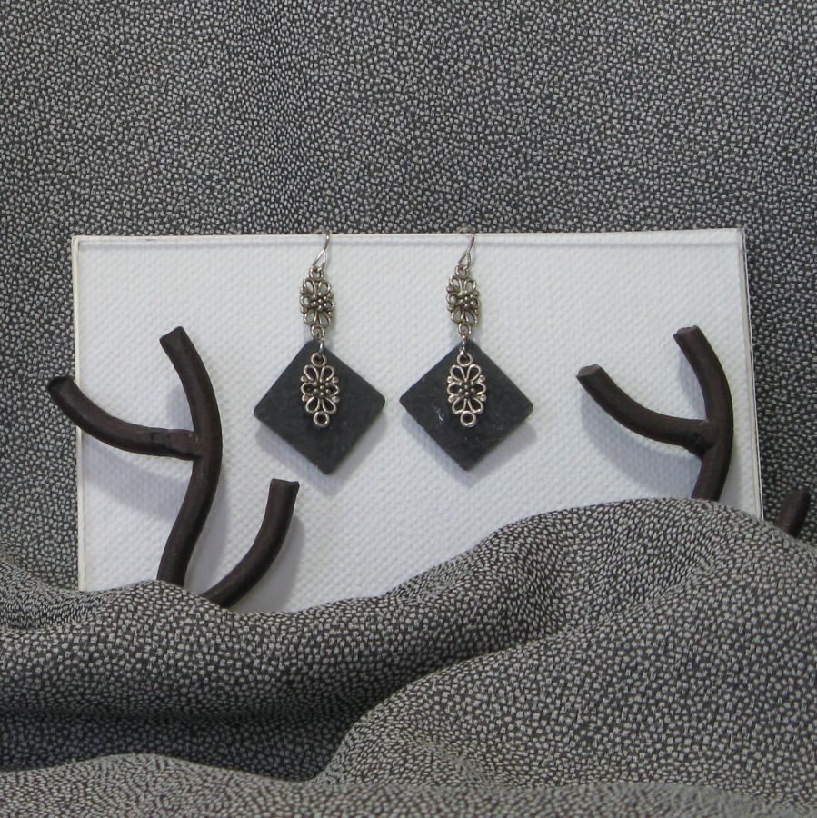 Slate and Silver Earrings for Woman, Handcrafted Creation