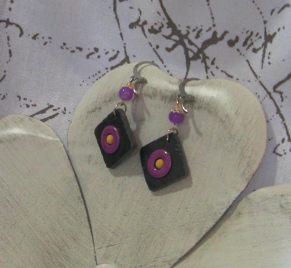 Yellow and Purple Enameled Earrings on Slate, Unique Creation