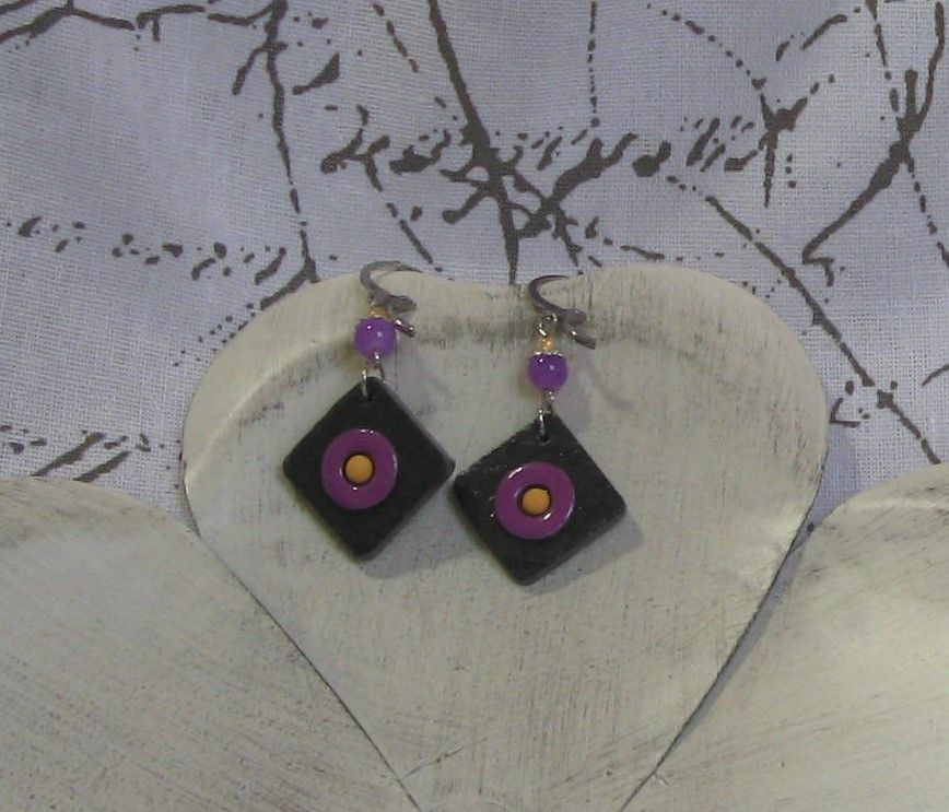 Yellow and Purple Enameled Earrings on Slate, Unique Creation