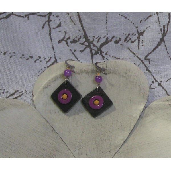 Yellow and Purple Enameled Earrings on Slate, Unique Creation