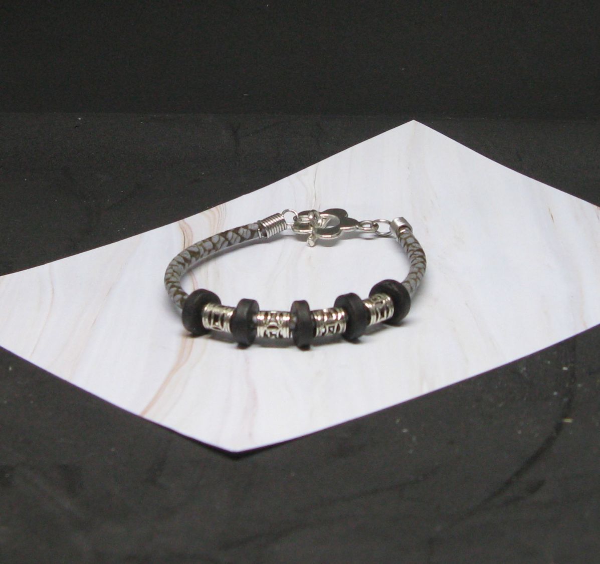 Women's Leather Bracelet with Silver and Black Pearl, Unique Creation