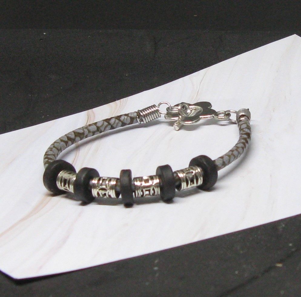 Women's Leather Bracelet with Silver and Black Pearl, Unique Creation