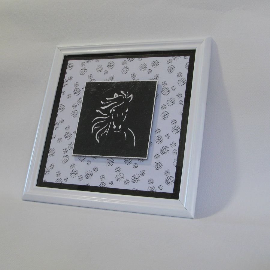 Enameled Horse Head Frame on White and Black Slate, Unique Creation