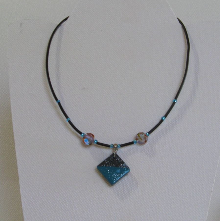 Blue Glazed Slate Necklace for Women, Unique Creation