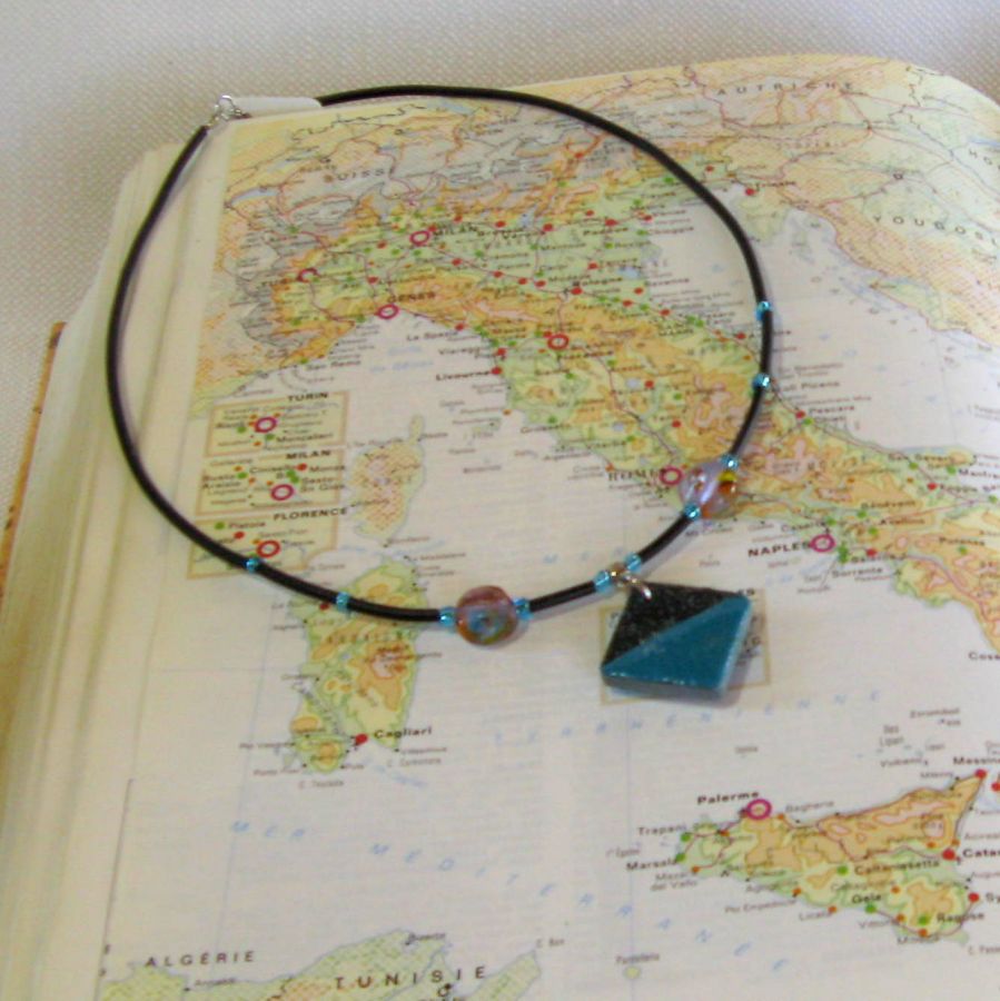 Blue Glazed Slate Necklace for Women, Unique Creation