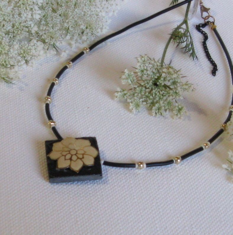 Slate Necklace Pendant for Woman with a Ecru Flower on a Black Silicone Cord, Unique Creation