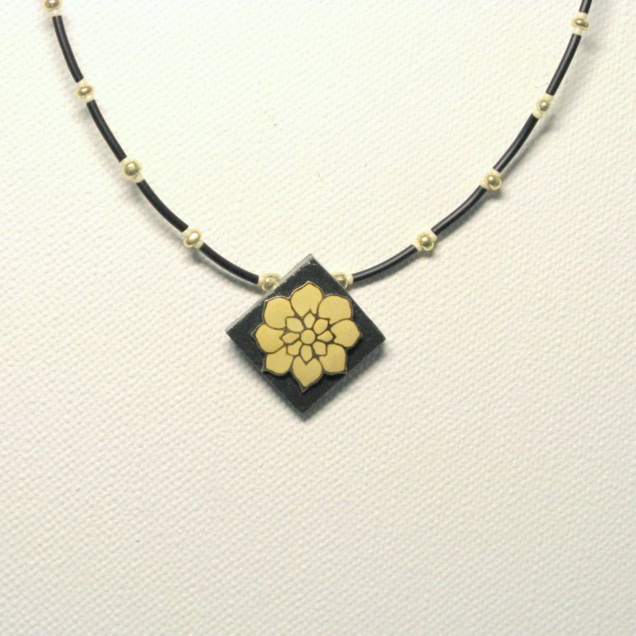 Slate Necklace Pendant for Woman with a Ecru Flower on a Black Silicone Cord, Unique Creation