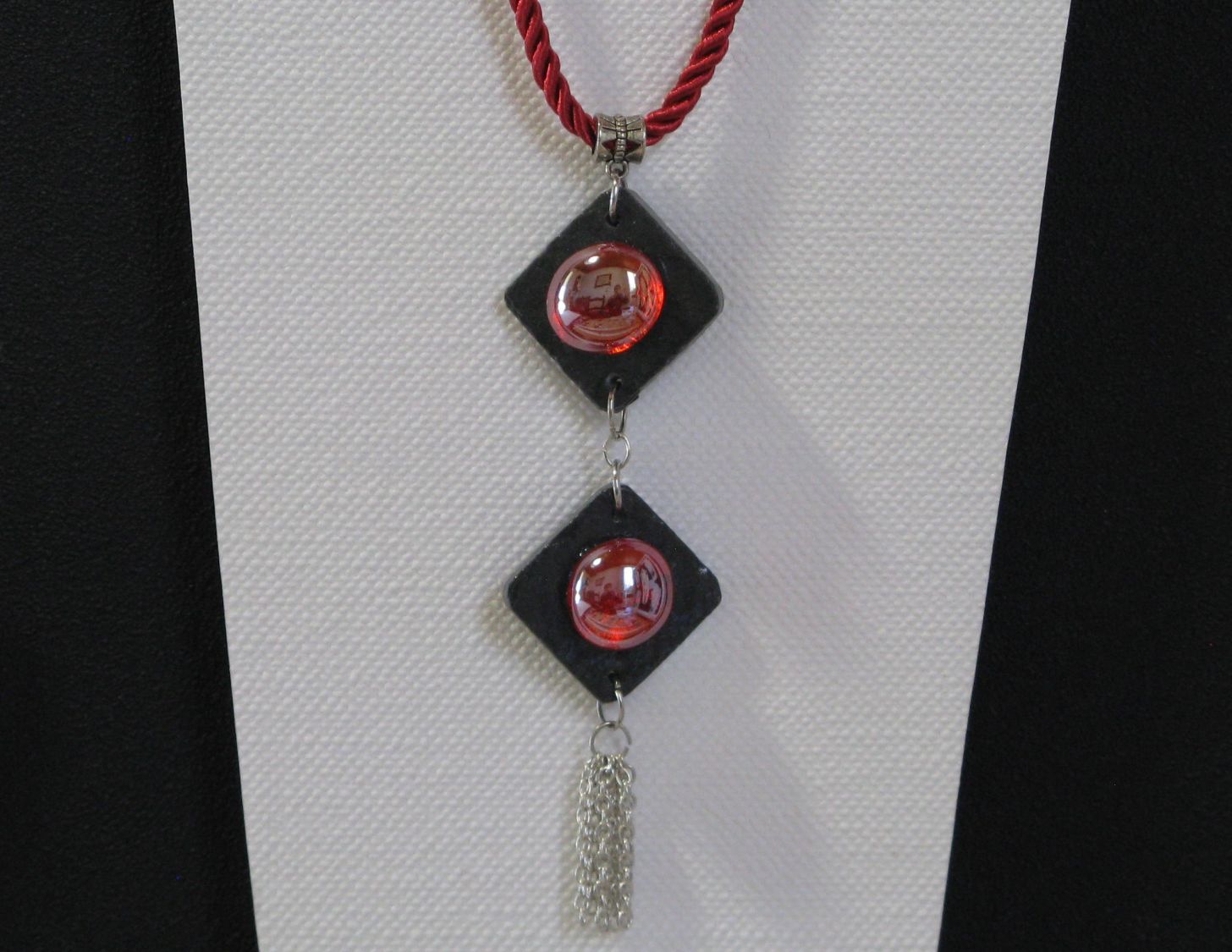 Long Slate Necklace with Red Glass Cabochon