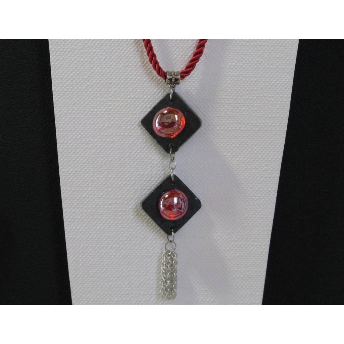 Long Slate Necklace with Red Glass Cabochon