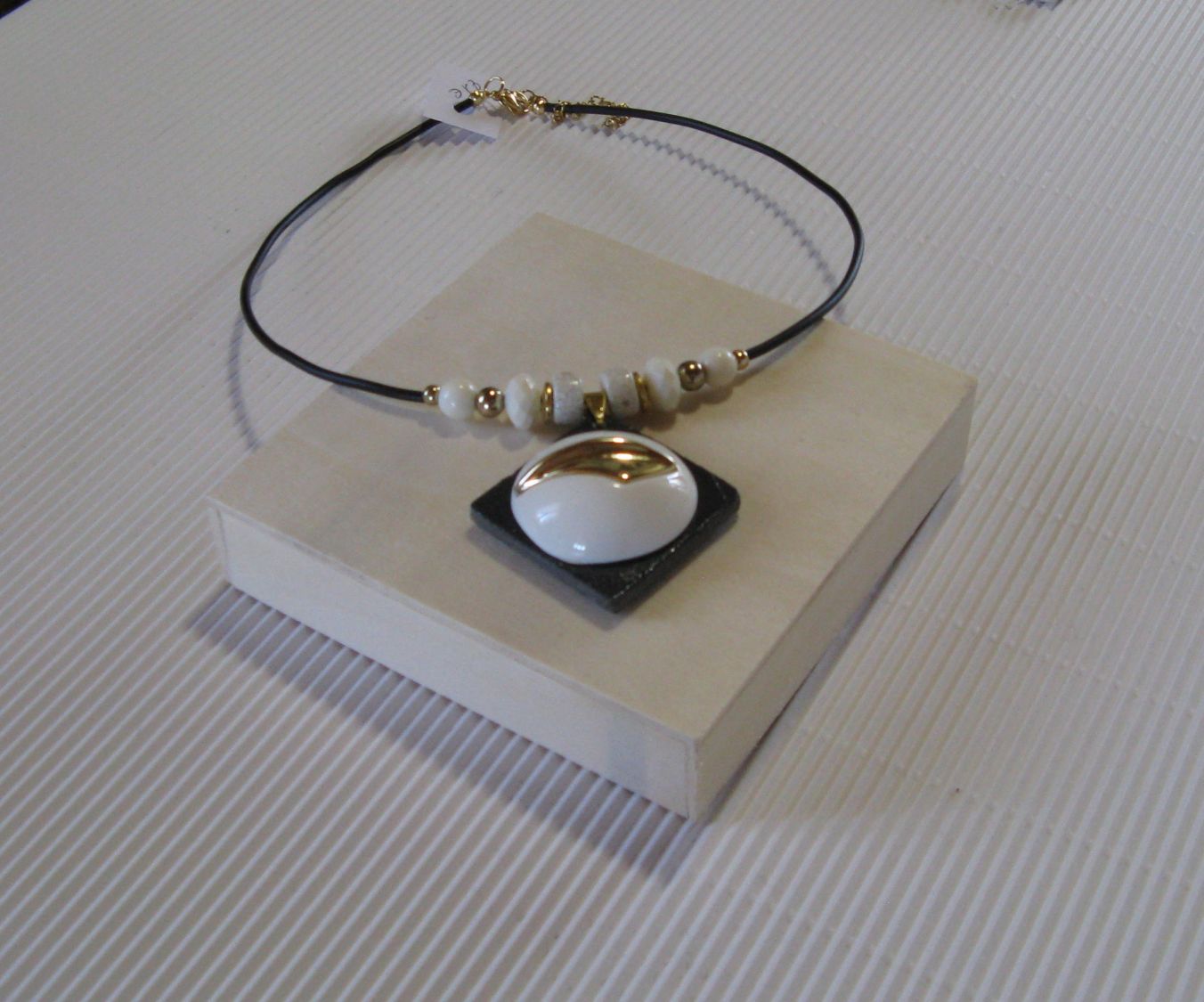 Slate Pendant Necklace Mounted on a Black Silicone Cord with Pearls