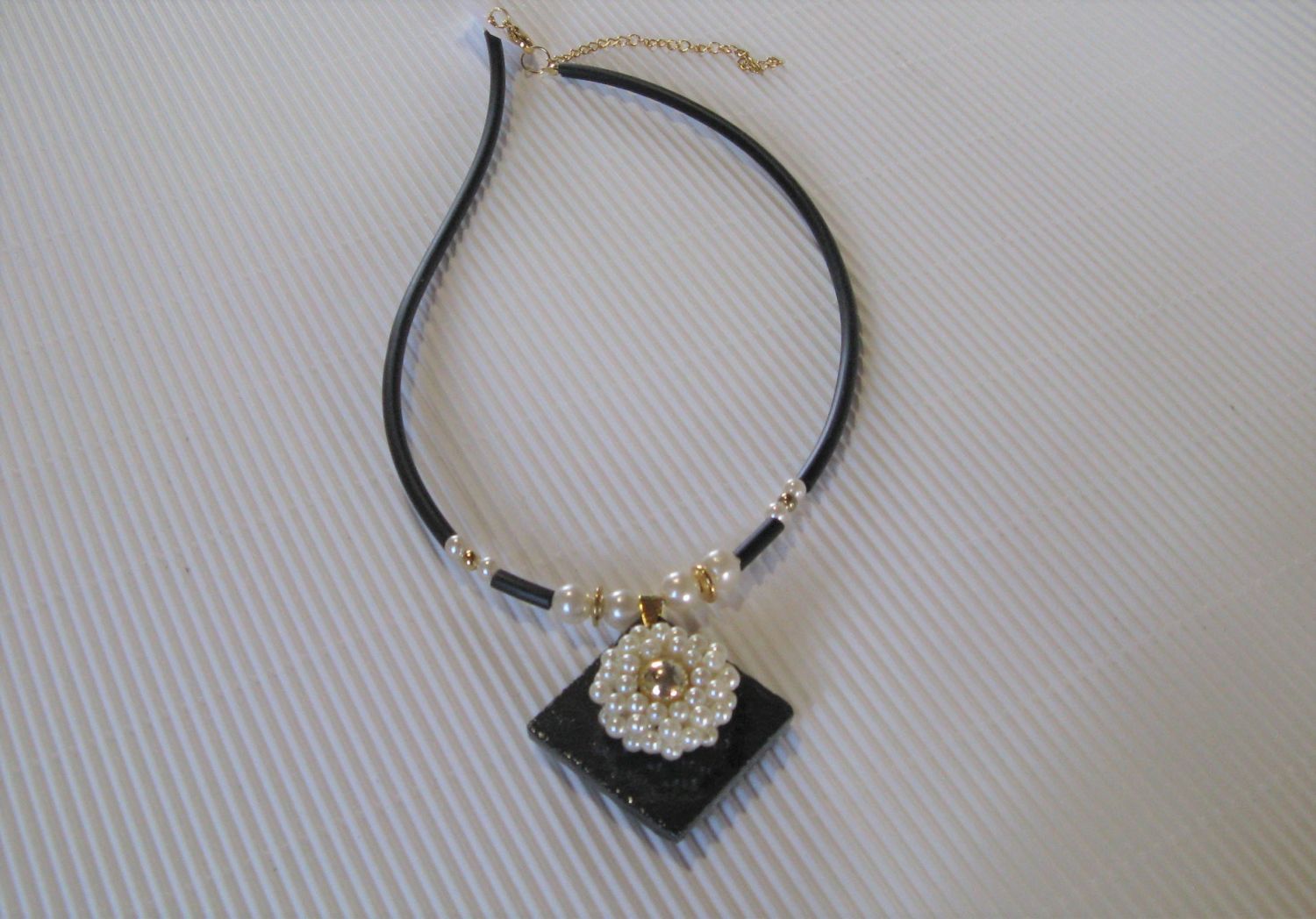 Necklace Pendant Pearls on Slate, Black Silicone Cord and Pearls, Unique Creation