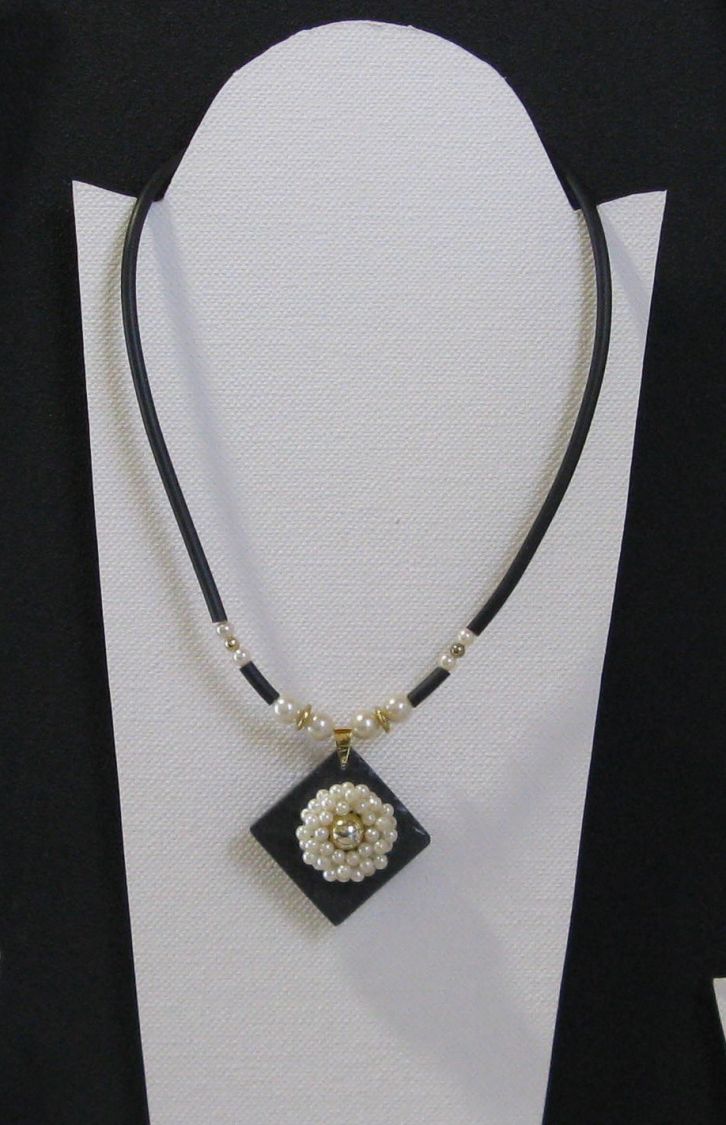 Necklace Pendant Pearls on Slate, Black Silicone Cord and Pearls, Unique Creation