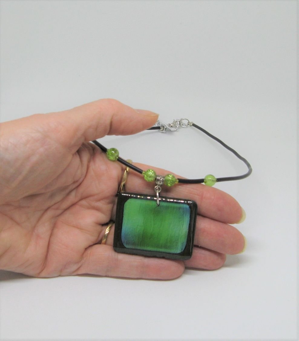 Green Pendetif Necklace in Slate and Resin, Unique Creation