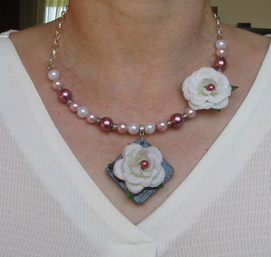 Slate Wedding Necklace for Women with White Flowers and Pearl Beads, Unique Creation 