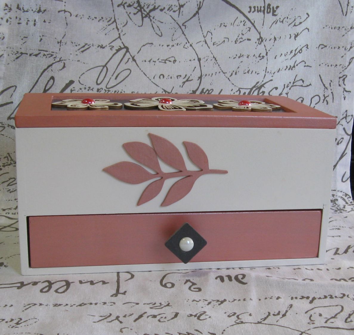 Large Pink Box with Slate and Wood Flower Patterns, Unique Creation