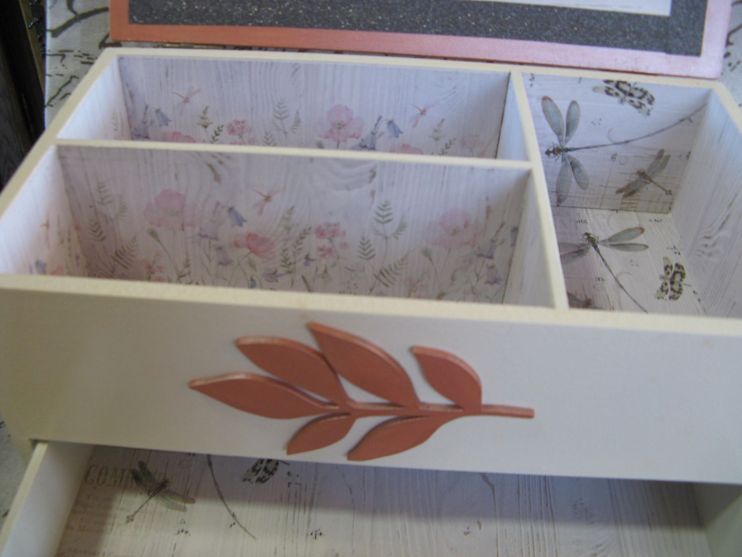 Large Pink Box with Slate and Wood Flower Patterns, Unique Creation