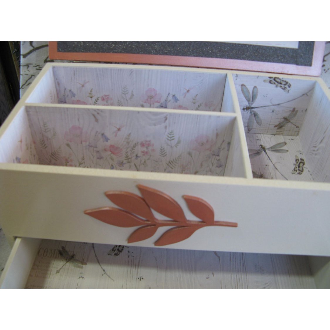 Large Pink Box with Slate and Wood Flower Patterns, Unique Creation