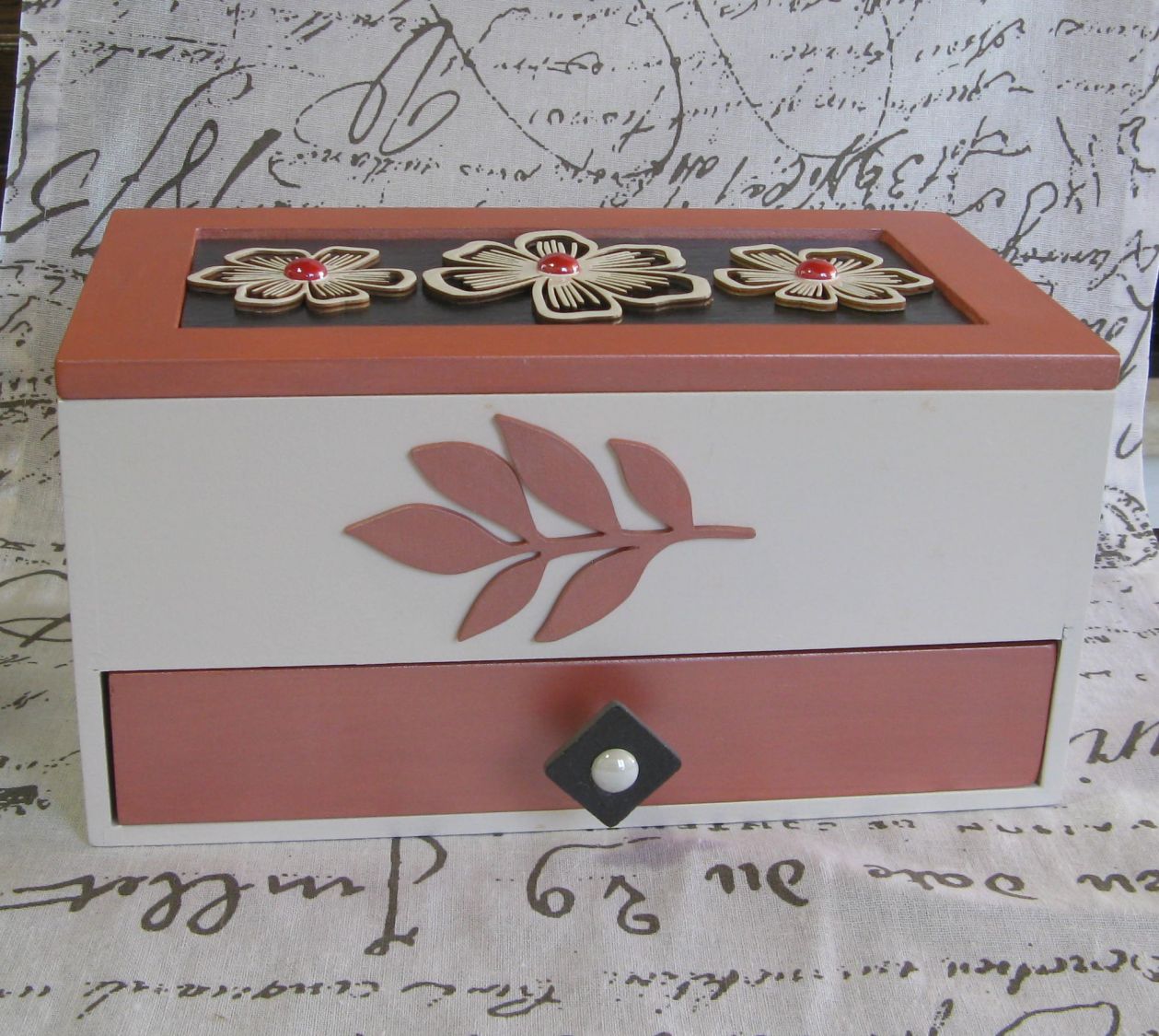 Large Pink Box with Slate and Wood Flower Patterns, Unique Creation