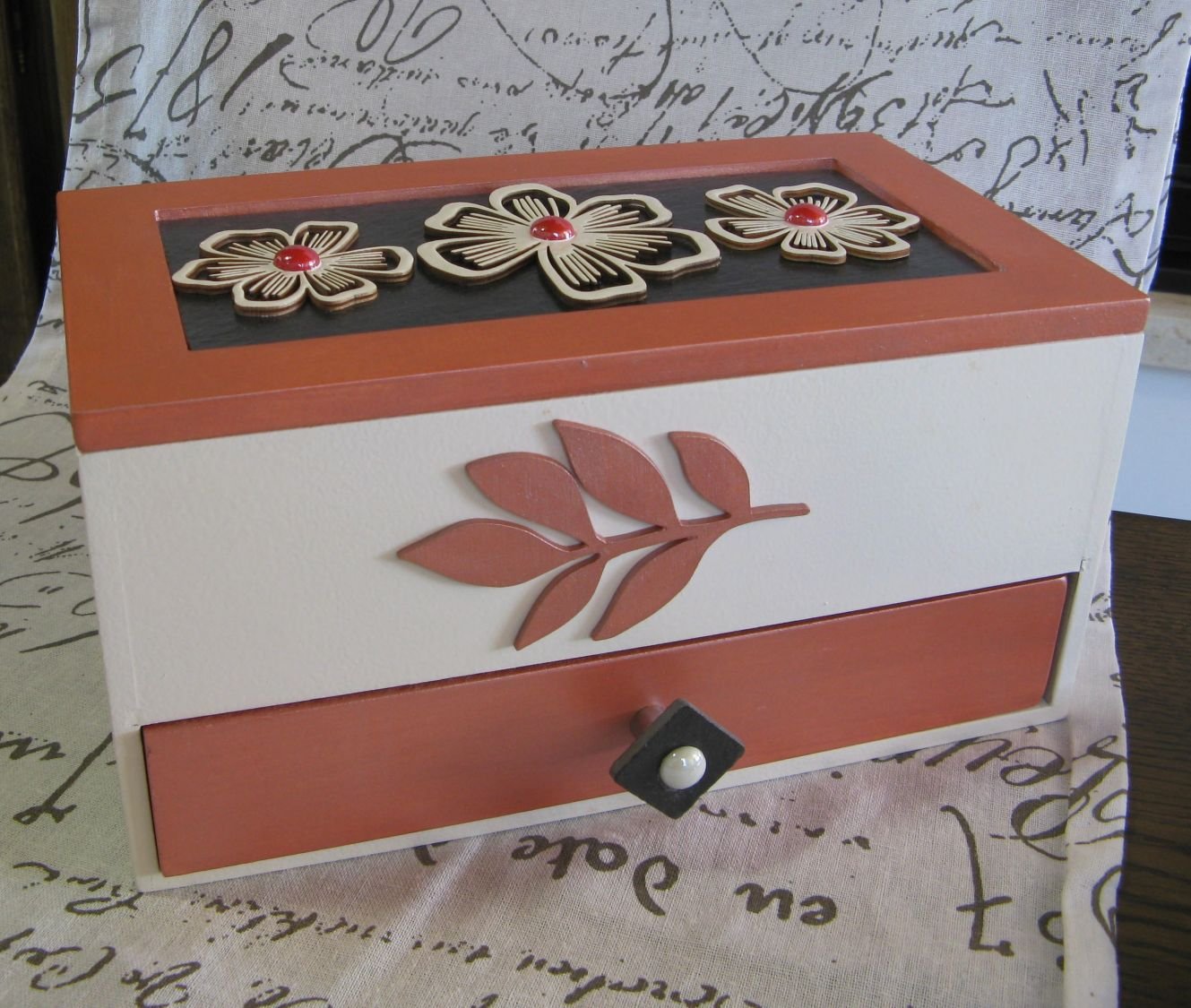 Large Pink Box with Slate and Wood Flower Patterns, Unique Creation