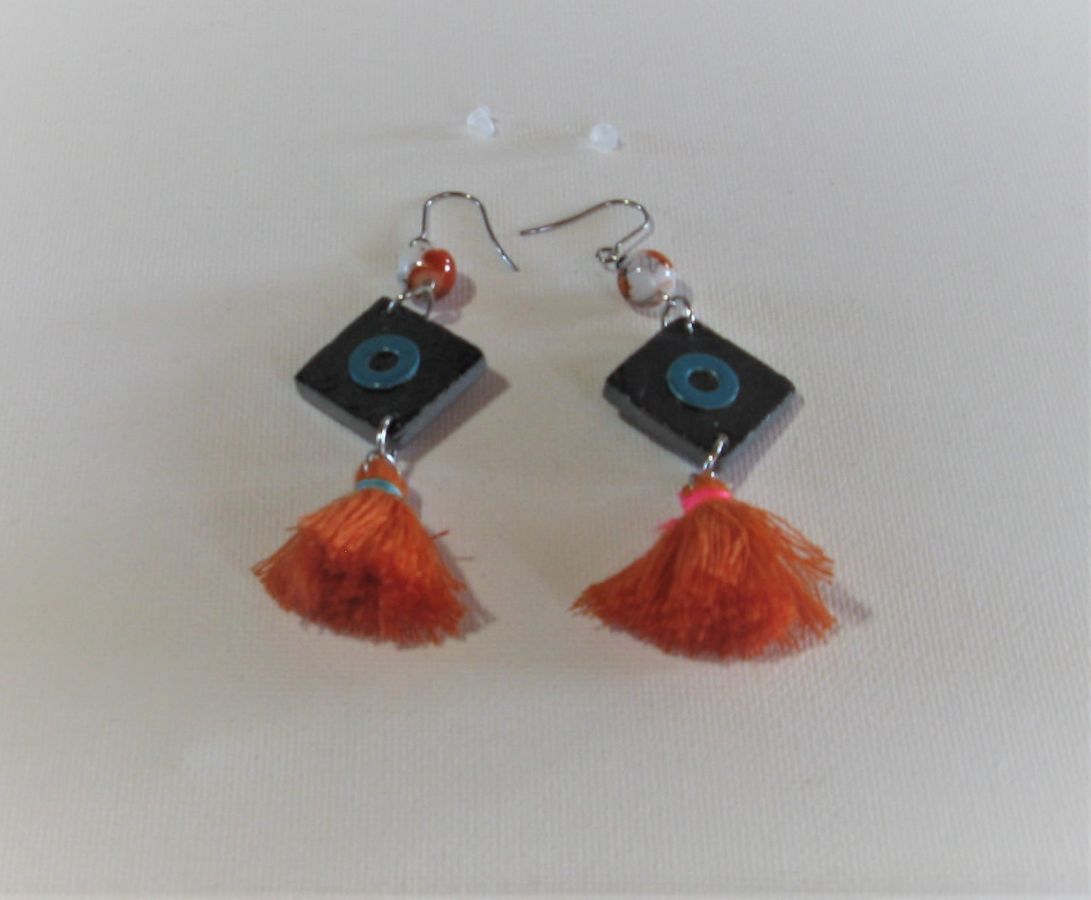 Large Slate and Orange and Blue Pompon Earrings, Unique Creation