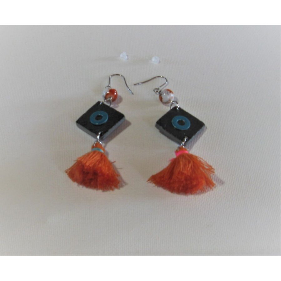 Large Slate and Orange and Blue Pompon Earrings, Unique Creation