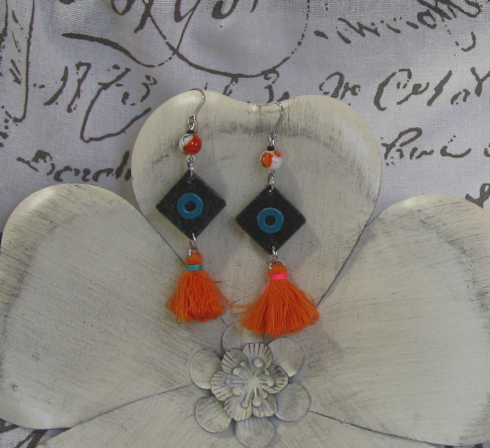 Large Slate and Orange and Blue Pompon Earrings, Unique Creation