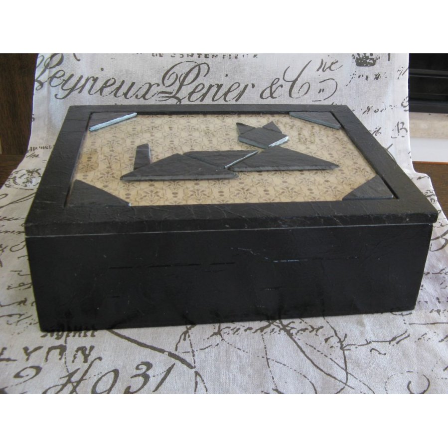 Large Wooden Storage Box with a Slate Cat, Unique Creation