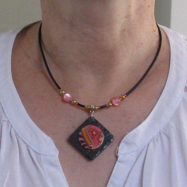 Slate and Pink cabochon pendant for Woman mounted on a Black Silicone Cord with Pearls, Unique Creation