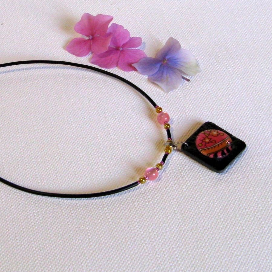 Slate and Pink cabochon pendant for Woman mounted on a Black Silicone Cord with Pearls, Unique Creation