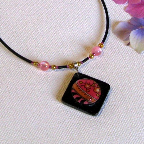 Slate and Pink cabochon pendant for Woman mounted on a Black Silicone Cord with Pearls, Unique Creation