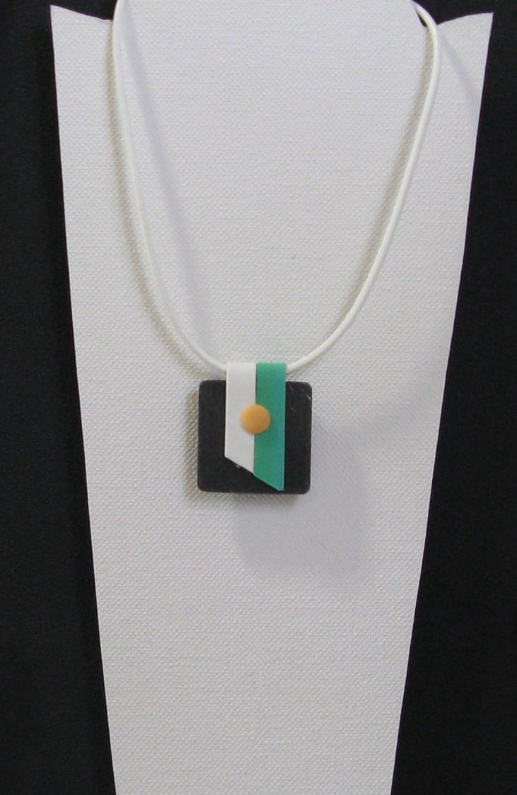 Green, White and Yellow Slate Pendant on White Leather Cord