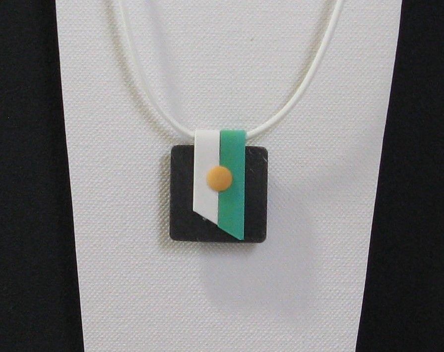 Green, White and Yellow Slate Pendant on White Leather Cord