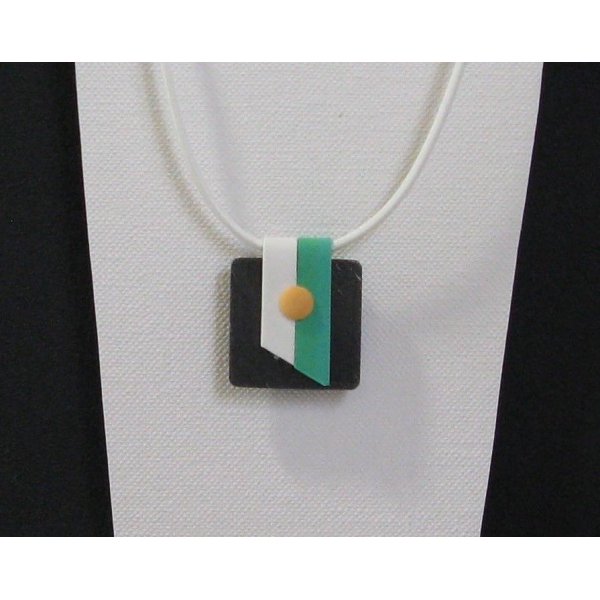 Green, White and Yellow Slate Pendant on White Leather Cord