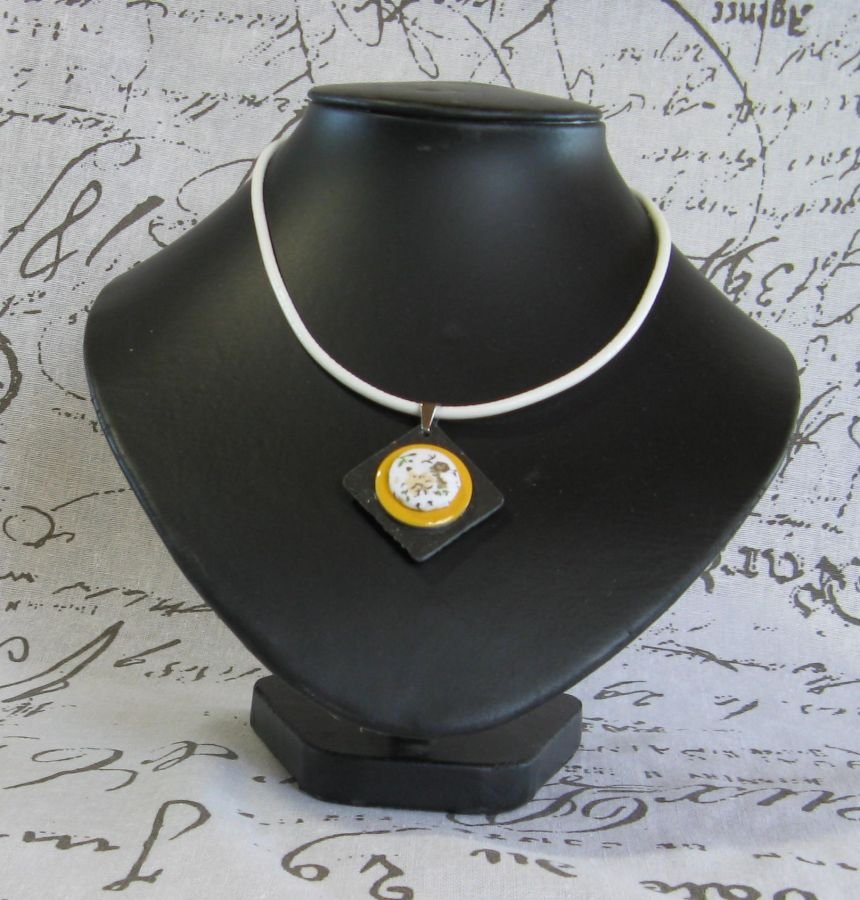 Yellow and White Slate Pendant Necklace for Women, Unique Creation