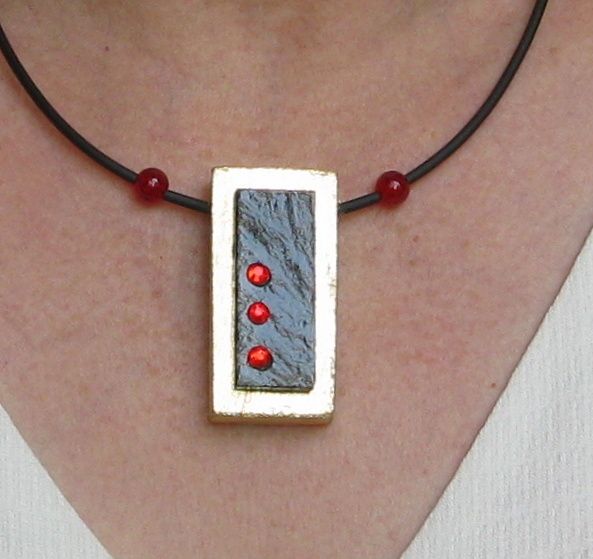 Pendant for woman and young woman in Slate and Wood with Red Strass, Unique Creation