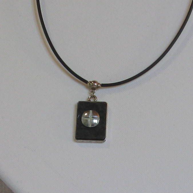 Pendant Necklace Metal Silver and Slate on Black Silicone, Unique Creation