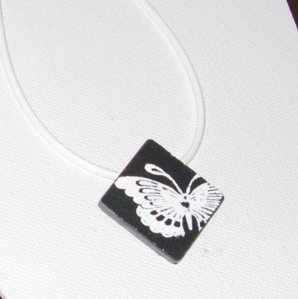 Slate Pendant for Woman with a White Butterfly mounted on a Leather and White Chain, Unique Creation