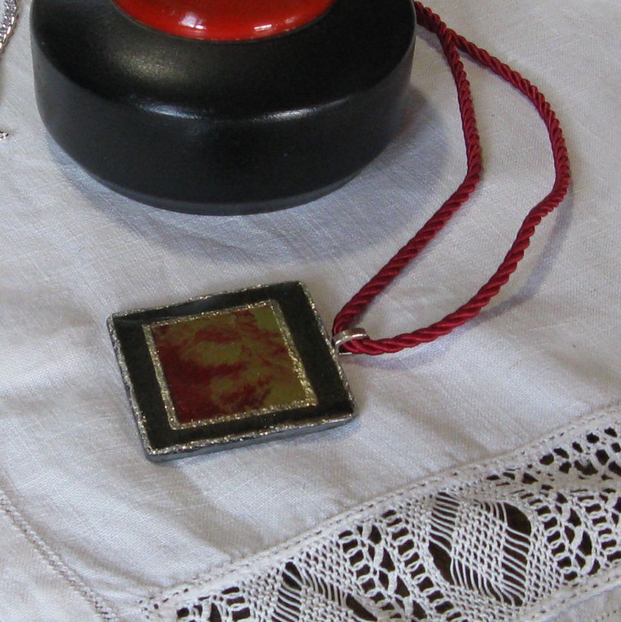 Woman Slate Pendant with Red and Green Printing, Handcrafted