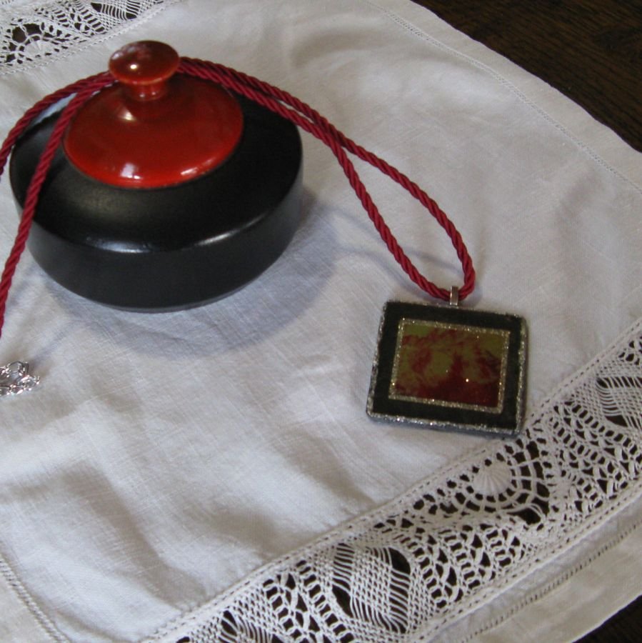 Woman Slate Pendant with Red and Green Printing, Handcrafted