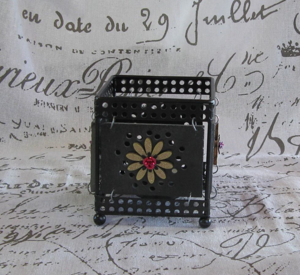 Photophore in Metal and Slate Pierced and Dressed with Enameled Flowers gold, black