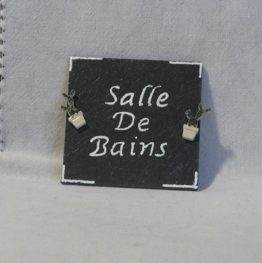 Bathroom Door Sign in Enameled Slate Cactus Pattern 