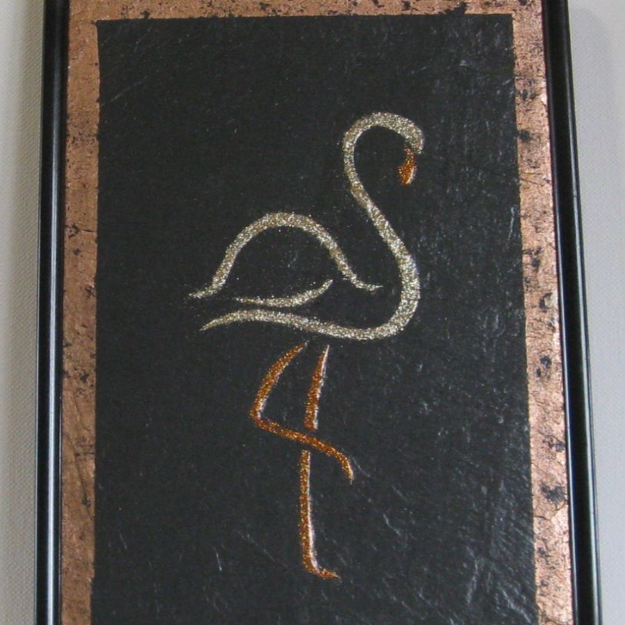 Pink Flamand Painting on a Slate, Unique Creation