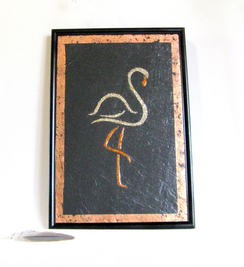 Pink Flamand Painting on a Slate, Unique Creation